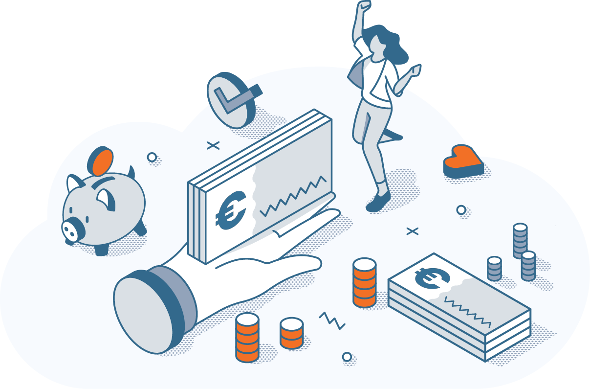 Woman celebrating financial success surrounded by euro banknotes, piggy bank, and coins