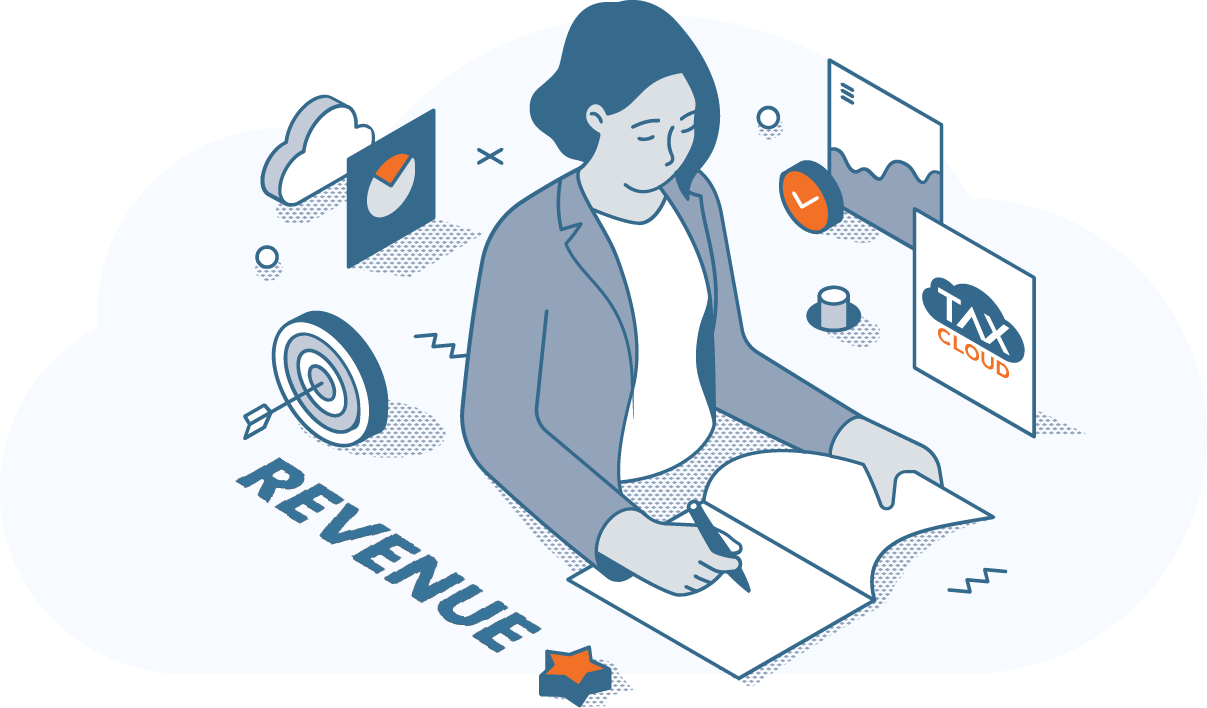 Businesswoman analysing financial documents with revenue charts, a target icon, and a Tax Cloud file in a digital workspace